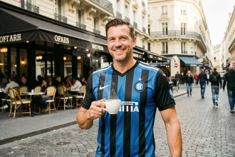 Supporter de l'Inter Milan en maillot noir et bleu devant un café parisien, illustrant la fascination française pour le club milanais