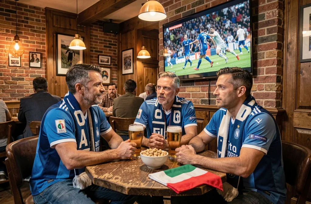 Groupe de supporters de l'Inter Milan dans un bar sportif parisien regardant un match ensemble, autour d'une table en bois avec écharpes et maillots
