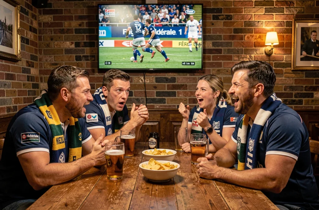Supporters de rugby Fédérale 1 réunis dans un pub pour suivre le match en direct