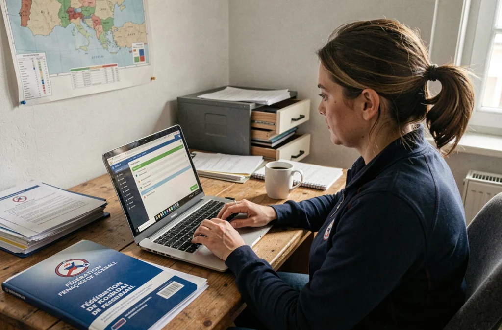 Administratrice de club de football travaillant sur un logiciel de gestion fédérale depuis son bureau associatif