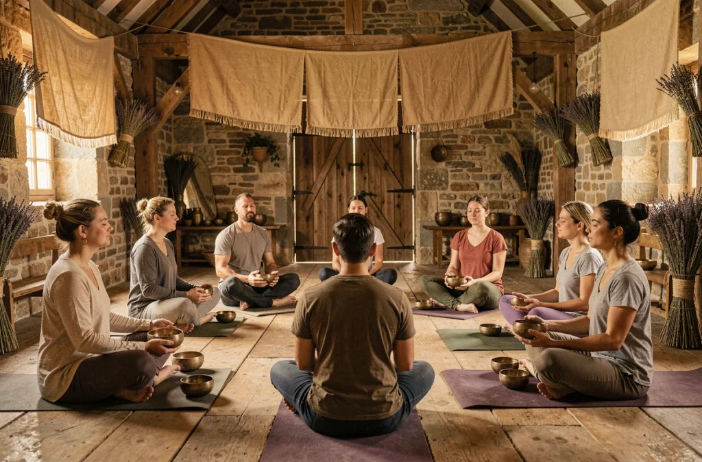 Cercle de participants tenant des bols chantants lors d'un atelier yoga et son dans une grange normande rénovée, initiative Normandie Tourisme