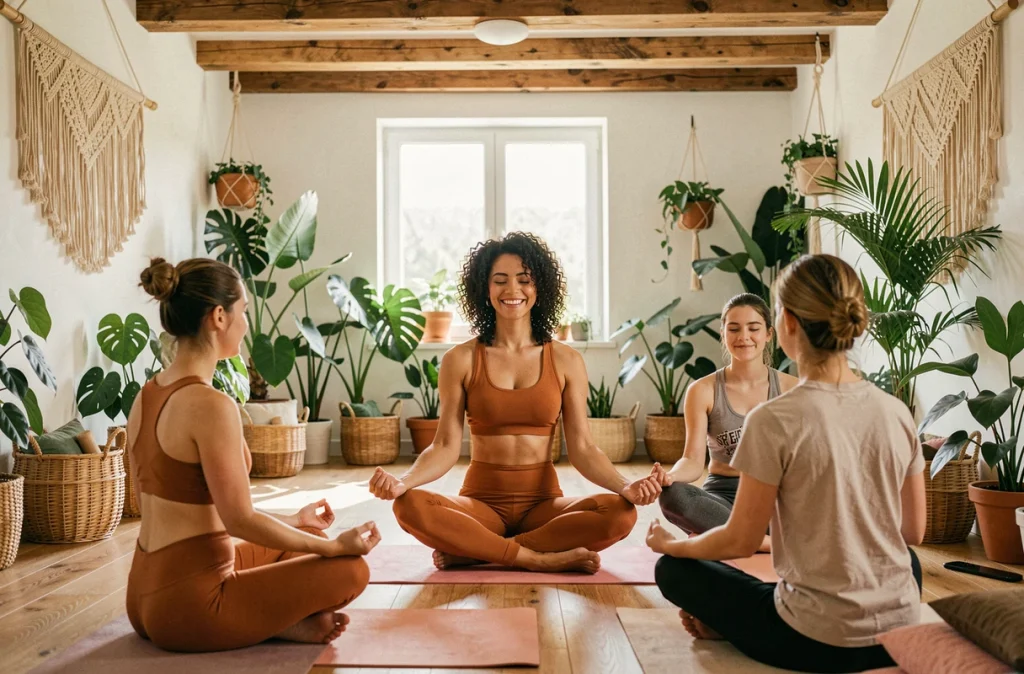 Instructrice aux cheveux bouclés guidant un groupe en méditation dans le Caro Yoga Studio en Normandie, décor bohème avec poutres et plantes