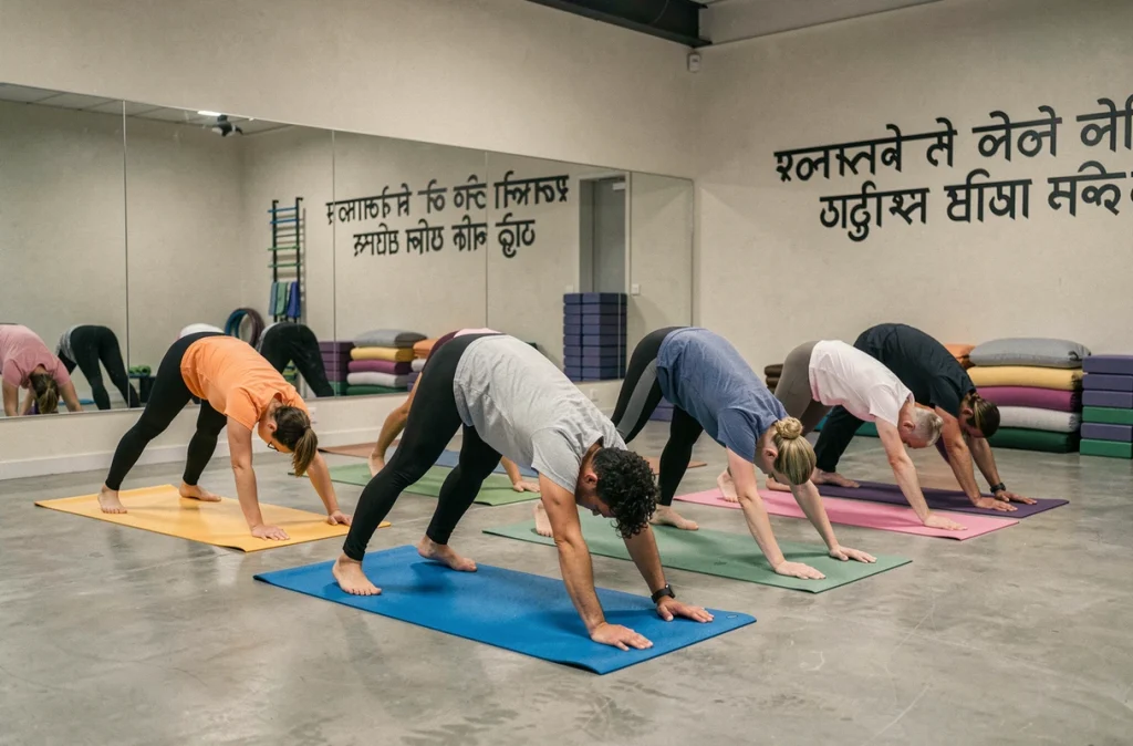 Cours collectif de yoga au Centre Sruthi à Caen, six participants en posture du chien tête en bas sur tapis colorés face aux miroirs du studio