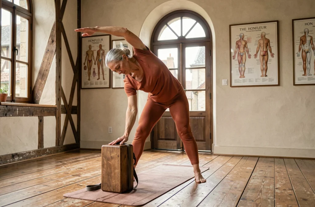 Pratiquante de yoga Iyengar utilisant des accessoires en bois dans un studio à Honfleur, avec architecture normande à colombages visible par la fenêtre