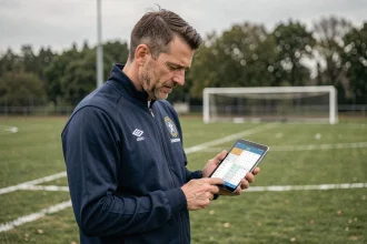 Coach de football consultant une application de gestion d'équipe sur tablette lors d'un entraînement sur terrain gazonné