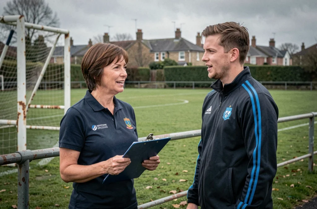 Coordinatrice d'un County Sports Partnership échangeant avec un entraîneur de football sur le bord d'un terrain en Angleterre