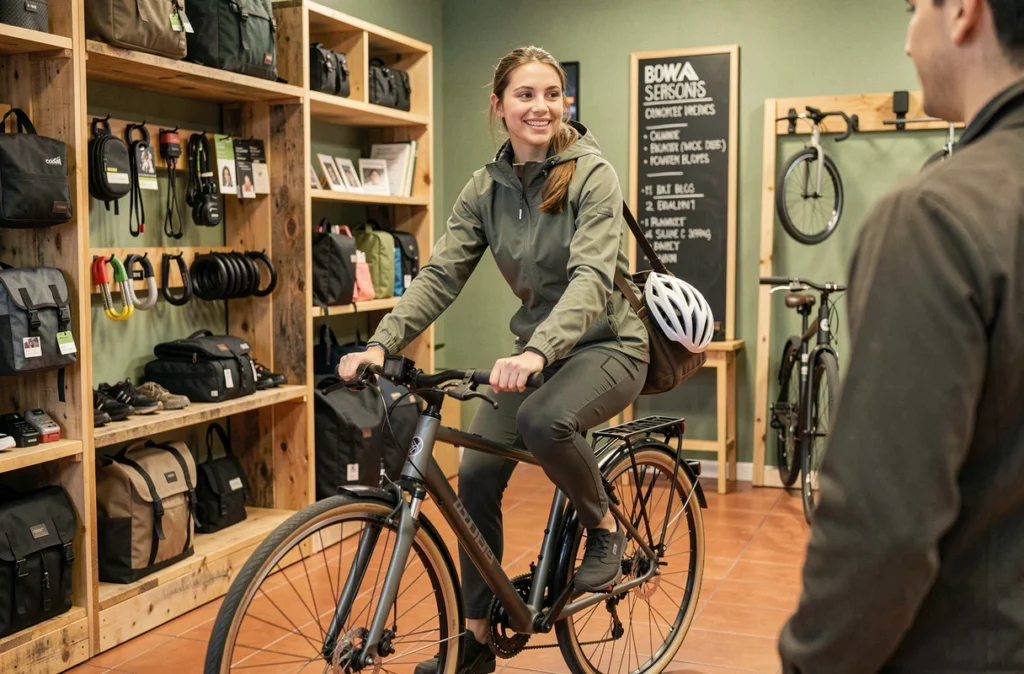 Une femme testant un vélo urbain dans la boutique Cyclable Strasbourg, spécialisée dans le vélotaf et la mobilité quotidienne