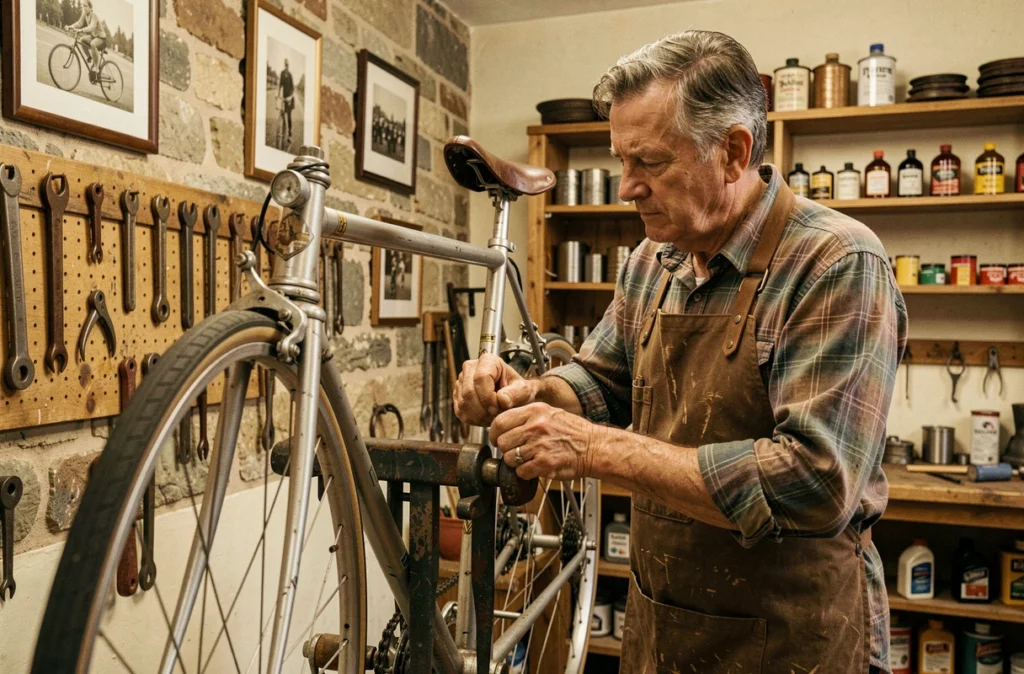 Un mécanicien expérimenté réparant un vélo vintage dans l'atelier historique de Cycles Blondin Strasbourg