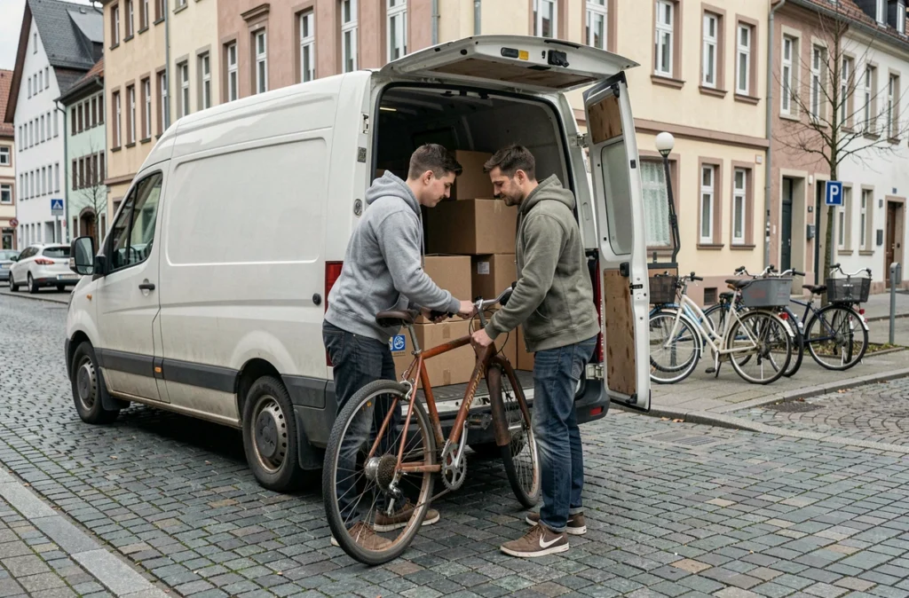 Un livreur de Cyclimoov Strasbourg déchargeant un vélo d'occasion devant un immeuble pour un essai à domicile