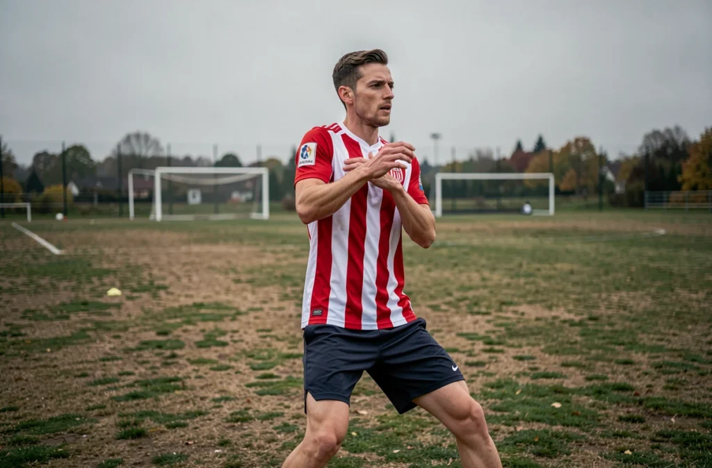 Footballeur technique en plein entraînement sur un terrain automnal recevant un ballon avec précision, illustration du génie discret et maîtrisé de Dennis Bergkamp