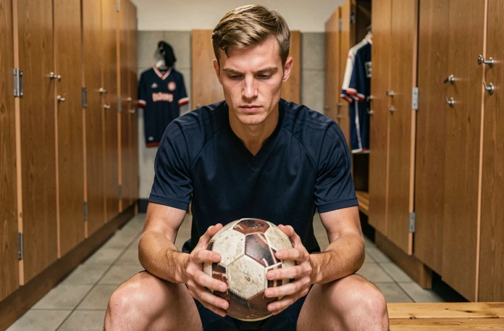 Footballeur pensif dans un vestiaire européen des années 90 tenant un ballon, portrait intime rappelant la personnalité réservée de Dennis Bergkamp
