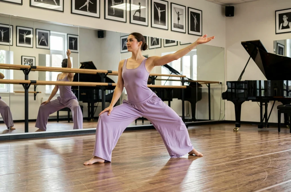 Jeune femme en transition entre danse et yoga dans l'École de danse et yoga de Bayeux, avec barre de ballet, miroirs et photographies de danse encadrées