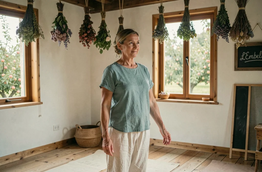 Enseignante de hatha yoga dans un studio paisible L'Embellie en Normandie, avec vue sur un verger de pommiers et herbes séchées suspendues au plafond