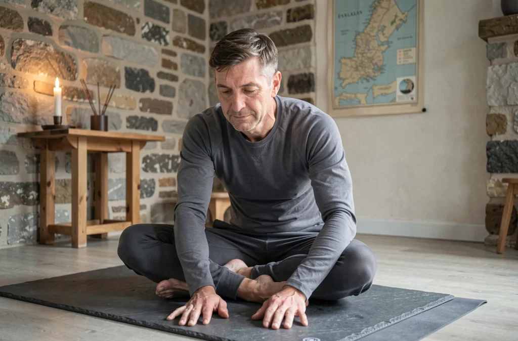 Homme en flexion avant assise sur tapis ardoise dans le studio ESF Yoga à Falaise, avec murs en pierre et autel en bois traditionnel