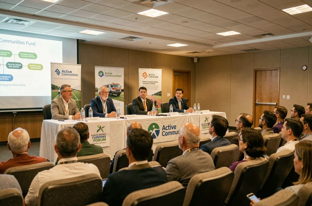Panel de professionnels présentant les résultats de financement d'un County Sports Partnership lors d'un forum public