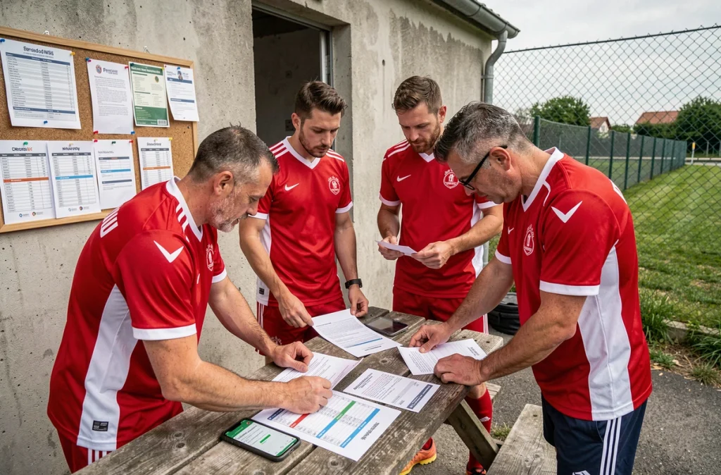 Joueurs de football amateur consultant les convocations de match sur smartphone et feuilles imprimées près du vestiaire