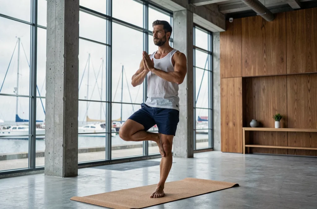 Homme en posture de l'arbre dans le Bureau de Yoga à Ouistreham, avec vue sur le port et ses voiliers à travers de grandes fenêtres industrielles