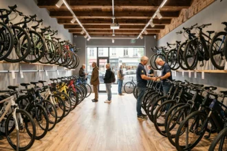 Vue panoramique d'un grand magasin de vélos dans le Grand Est avec une large sélection de vélos exposés et des clients en train de les découvrir