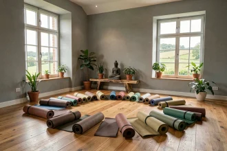 Vue d'ensemble d'un studio de yoga en Normandie avec parquet en bois, tapis disposés en demi-cercle et grandes fenêtres donnant sur la campagne normande