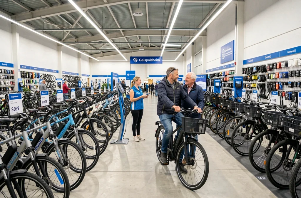 Large sélection de vélos électriques et classiques exposés dans le magasin Mondovélo Strasbourg-Geispolsheim avec un conseiller et des clients
