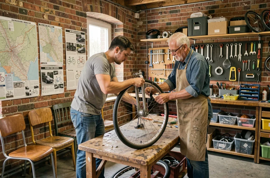 Atelier de réparation participatif Roule Raoul à Metz, avec un bénévole aidant un jeune homme à réparer un vélo d'occasion