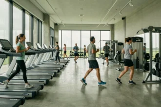 Vue panoramique d'une salle de fitness moderne en Normandie avec équipements de musculation et cardio