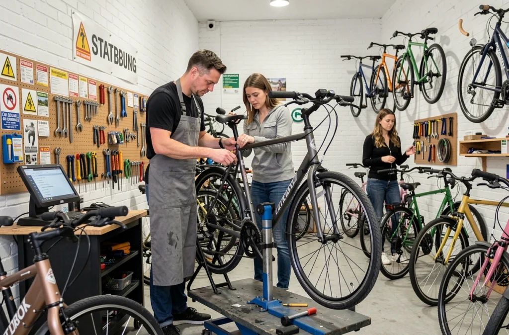 Un mécanicien réparant un vélo urbain dans l'atelier de Tendance Cycles Strasbourg, avec des vélos à vendre en arrière-plan