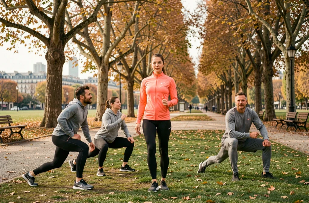 Coach sportive animant une séance de sport en plein air dans un parc du Val-de-Marne avec un groupe de participants adultes